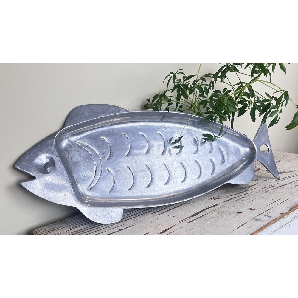Vintage MCM Scandinavian Design Cast Aluminum Fish Platter  Serving Tray 23”